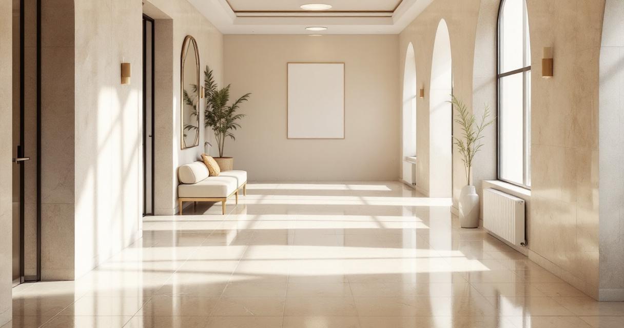 Heller und großzügiger Flur mit großen Fenstern und Sitzbank, der stilvoll und einladend wirkt, beispielhaft für einen modern gestalteten Raum, in dem ein robuster Flurboden renovieren wurde.