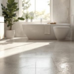 Heller, moderner Badezimmerboden mit matter, strukturierter Oberfläche, ausgestattet als Rutschfeste Bodenbeläge für sichere Nassbereiche, vor großer Badewanne und elegantem Waschtisch, der durch Tageslicht von einem Fenster beleuchtet wird.