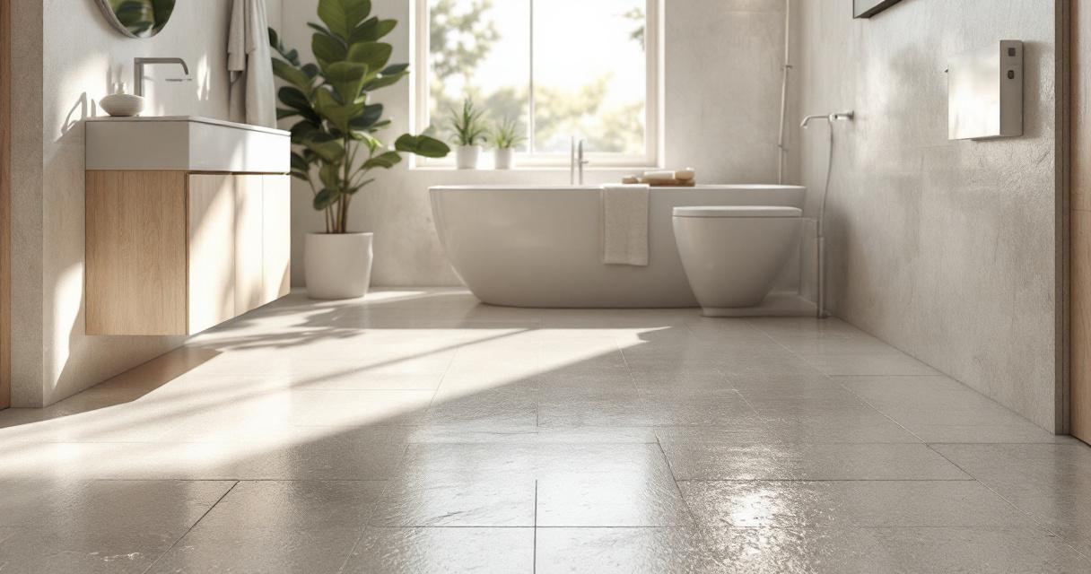 Heller, moderner Badezimmerboden mit matter, strukturierter Oberfläche, ausgestattet als Rutschfeste Bodenbeläge für sichere Nassbereiche, vor großer Badewanne und elegantem Waschtisch, der durch Tageslicht von einem Fenster beleuchtet wird.