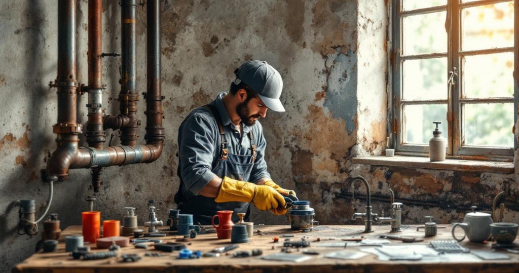 Sanitärarbeiten im Altbau zeigen einen Handwerker in Arbeitskleidung und Gummihandschuhen, der in einem alten, rustikalen Raum mit sichtbaren Rohrleitungen an Sanitärteilen arbeitet.