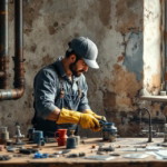 Sanitärarbeiten im Altbau zeigen einen Handwerker in Arbeitskleidung und Gummihandschuhen, der in einem alten, rustikalen Raum mit sichtbaren Rohrleitungen an Sanitärteilen arbeitet.