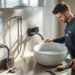 Ein Handwerker überprüft sorgfältig das Wasser in einem modernen Waschbecken in einem hellen Badezimmer, dabei befindet sich diverse Ausrüstung und Werkzeuge griffbereit auf der Arbeitsfläche, was einen professionellen Service für Sanitärinstallation mit Wartung vermittelt.