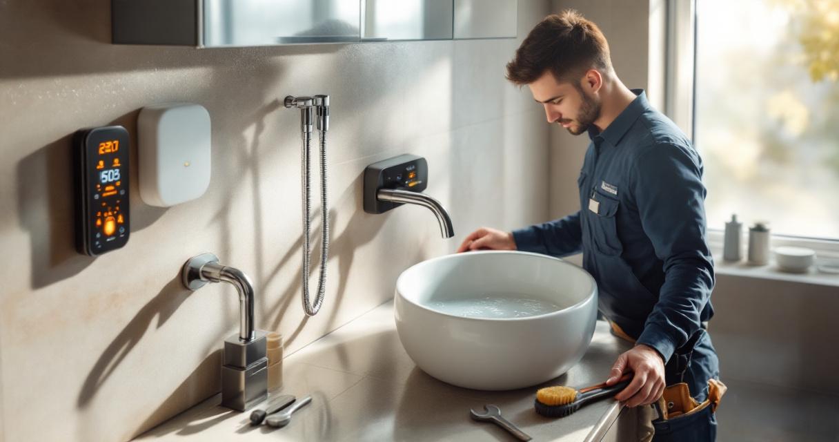 Ein Handwerker überprüft sorgfältig das Wasser in einem modernen Waschbecken in einem hellen Badezimmer, dabei befindet sich diverse Ausrüstung und Werkzeuge griffbereit auf der Arbeitsfläche, was einen professionellen Service für Sanitärinstallation mit Wartung vermittelt.