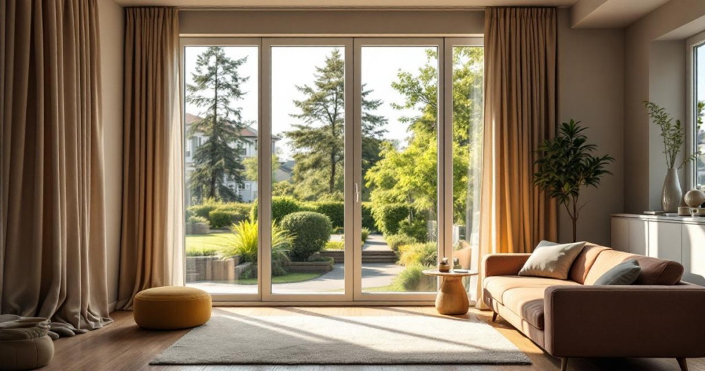 Helles und modernes Wohnzimmer mit großen bodentiefen Fenstern, gemütlichem Sofa, Teppich und Pflanzen, das ruhige Atmosphäre und komfortable Schallschutzmaßnahmen Wohnungen vermittelt.