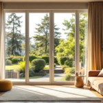 Helles und modernes Wohnzimmer mit großen bodentiefen Fenstern, gemütlichem Sofa, Teppich und Pflanzen, das ruhige Atmosphäre und komfortable Schallschutzmaßnahmen Wohnungen vermittelt.