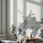 Helle Wohnung mit sichtbaren schwarzen Schimmel in der Wohnung an der Wand neben einem Thermostat und einem kleinen Holztisch mit Dekoration.