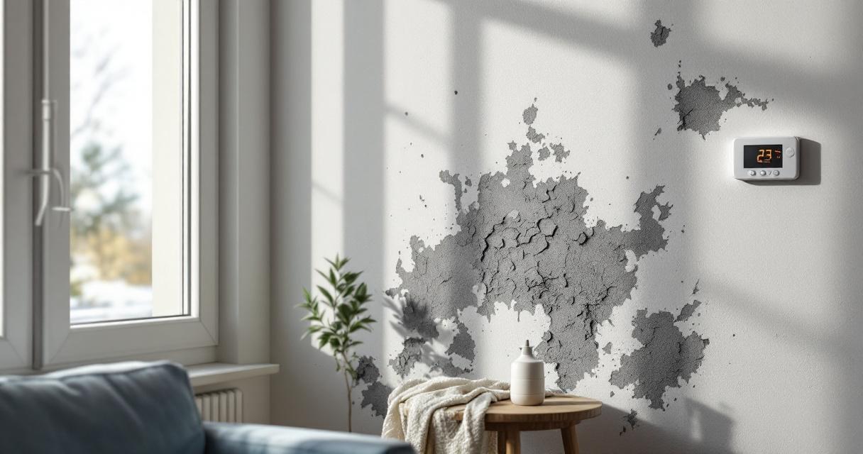 Helle Wohnung mit sichtbaren schwarzen Schimmel in der Wohnung an der Wand neben einem Thermostat und einem kleinen Holztisch mit Dekoration.