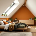 Modern eingerichtetes Schlafzimmer unter einer Dachschräge mit warmen Terrakottatönen, Holzmöbeln und viel Tageslicht zum Thema Schlafzimmer Dachschräge Renovieren.