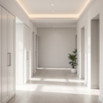 Heller und großzügig gestalteter Flur mit weißen Wänden, integriertem Einbauschrank und dezenter Beleuchtung, ideal zum Schmaler Flur modernisieren.