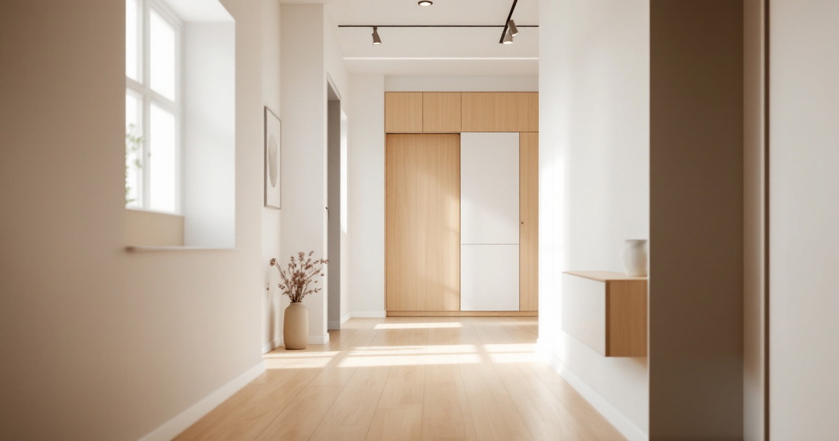 Heller und einladender schmaler Flur mit Holzfußboden, moderner Beleuchtung und dezent dekorierten Wänden, das Beispiel für ein geschmackvolles Schmaler Flur renovieren.