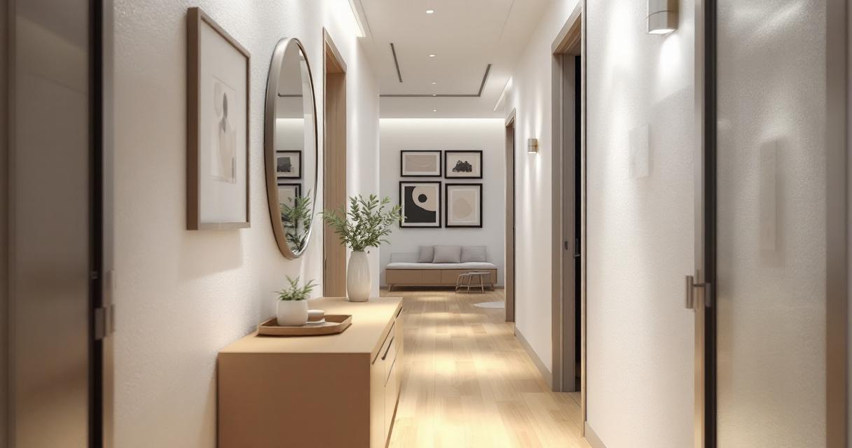 Schmaler Flur Renovierung mit hellen Wänden, modernen Einbaulampen, Holzfußboden und schlichter Dekoration wie runden Spiegeln, Pflanzen und Bildern an den Wänden, die eine freundliche und einladende Atmosphäre schaffen.