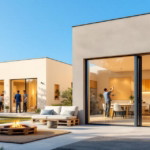 Modernes Haus mit großen Panoramafenstern und stilvollem Außenbereich, in dem Menschen verschiedene Tätigkeiten ausüben, symbolisch für das Konzept von Schnelle Renovierungsideen.