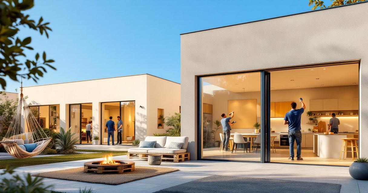 Modernes Haus mit großen Panoramafenstern und stilvollem Außenbereich, in dem Menschen verschiedene Tätigkeiten ausüben, symbolisch für das Konzept von Schnelle Renovierungsideen.