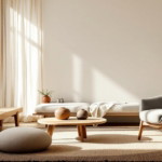 Helles Wohnzimmer im Skandinavisches Japandi Design mit schlichter Holzmöblierung, einem niedrigen Tisch, gepolstertem Sitzkissen und minimalistischen Dekorationselementen in warmen, natürlichen Farben.