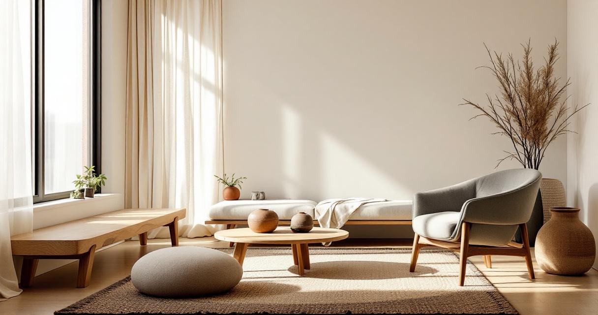 Helles Wohnzimmer im Skandinavisches Japandi Design mit schlichter Holzmöblierung, einem niedrigen Tisch, gepolstertem Sitzkissen und minimalistischen Dekorationselementen in warmen, natürlichen Farben.