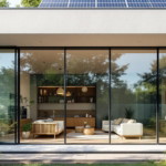 Moderne Glasfassade eines Hauses mit großen transparenten Smart Glass Fensterfronten, die einen stilvoll eingerichteten Wohnraum mit natürlicher Beleuchtung und Blick auf eine grüne Außenanlage zeigen.
