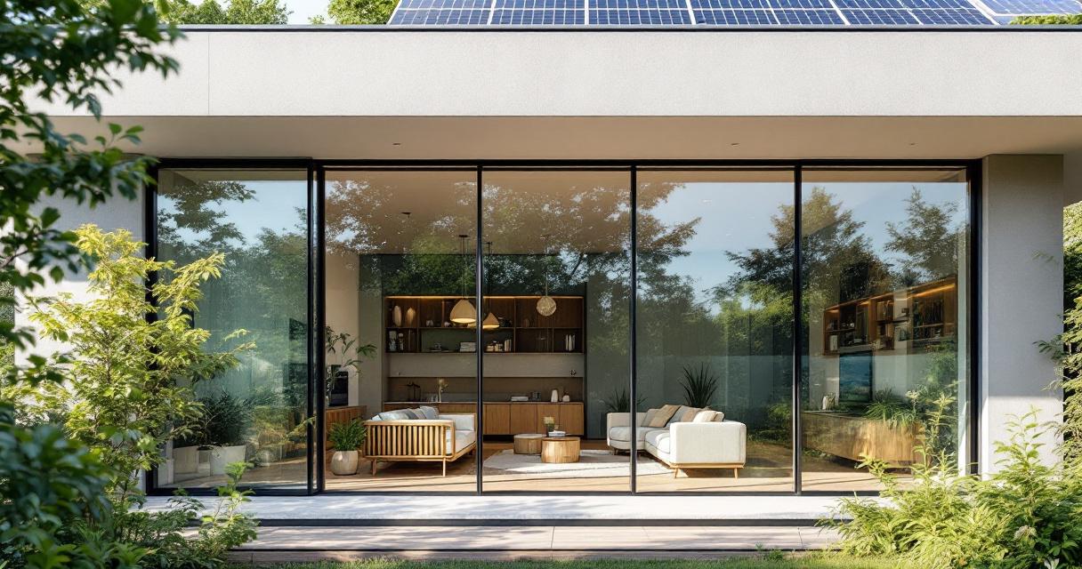 Moderne Glasfassade eines Hauses mit großen transparenten Smart Glass Fensterfronten, die einen stilvoll eingerichteten Wohnraum mit natürlicher Beleuchtung und Blick auf eine grüne Außenanlage zeigen.