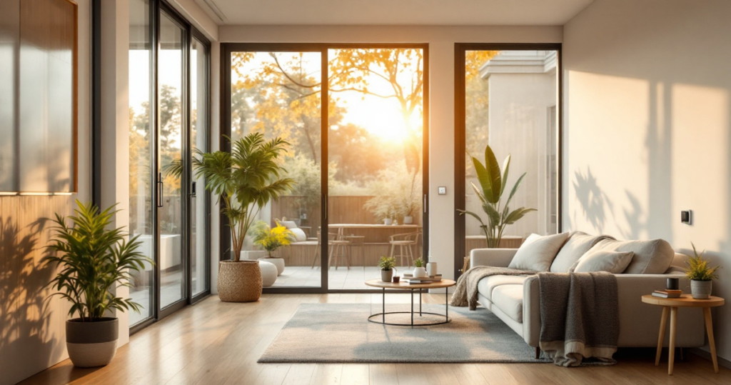 Helles und modern eingerichtetes Wohnzimmer mit großen bodentiefen Fenstern, Pflanzen und gemütlichem Sofa, das durch die untergehende Sonne beleuchtet wird, Symbol für komfortables Wohnen dank Smart Home Renovierung.