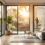 Helles und modern eingerichtetes Wohnzimmer mit großen bodentiefen Fenstern, Pflanzen und gemütlichem Sofa, das durch die untergehende Sonne beleuchtet wird, Symbol für komfortables Wohnen dank Smart Home Renovierung.