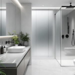 Modernes Badezimmer mit klaren Linien, hellem Marmor, einer bodengleichen Dusche mit Glasabtrennung, wandhängendem WC und großem beleuchtetem Smart Mirrors über einem langen Waschtisch mit weißer Aufsatzwaschschale und dekorativen Pflanzen.