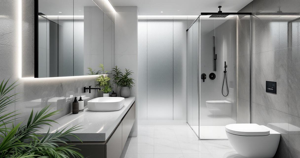 Modernes Badezimmer mit klaren Linien, hellem Marmor, einer bodengleichen Dusche mit Glasabtrennung, wandhängendem WC und großem beleuchtetem Smart Mirrors über einem langen Waschtisch mit weißer Aufsatzwaschschale und dekorativen Pflanzen.