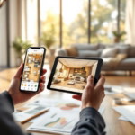 Eine Person nutzt Smart Renovation Apps auf Smartphone und Tablet, um Raumgestaltung und Inneneinrichtung digital zu planen, während im Hintergrund ein gemütliches Wohnzimmer mit Sofa und großen Fenstern sichtbar ist.