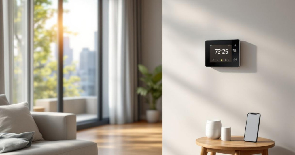 Moderne Smarte Heizungssteuerung an der Wand eines hellen Wohnzimmers mit Zugang zu einem Balkon, daneben ein kleiner Holztisch mit smartem Lautsprecher und Smartphone.