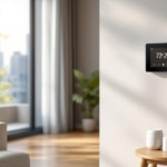 Moderne Smarte Heizungssteuerung an der Wand eines hellen Wohnzimmers mit Zugang zu einem Balkon, daneben ein kleiner Holztisch mit smartem Lautsprecher und Smartphone.