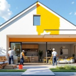 Haus mit großer Glasfront, vier Handwerker tragen helle Schutzhelme und arbeiten an der Fassade, die gerade mit gelber Farbe gestrichen wird, umgeben von grünem Garten bei sonnigem Himmel, sommerliche Renovierungsarbeiten.