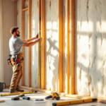 Handwerker misst mit einer Wasserwaage die Holzständer vor einer Wand mit Dämmmaterial bei der Ständerwand Montage in einem hellen Raum mit großem Fenster.