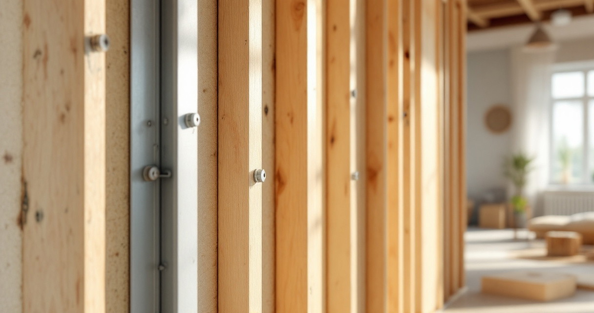 Nahaufnahme einer Ständerwand Montage aus Holzrahmen, die in einem hellen Innenraum errichtet wird, mit schraubenbefestigten Holzlatten vor einem unscharfen Wohnzimmerhintergrund.
