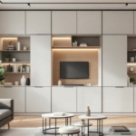 Modern eingerichtetes Wohnzimmer mit großer Fensterfront, grauem Sofa, zwei runden Couchtischen und einer Wand mit Ständerwand Montage, die Fernseher, Regale und Schränke mit integrierter Beleuchtung umfasst.