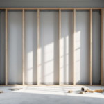 Leerer Raum mit Sonnenlicht an der Wand und sichtbaren Holzbalkenrahmen als Ständerwand Montage vor der weißen Wand.