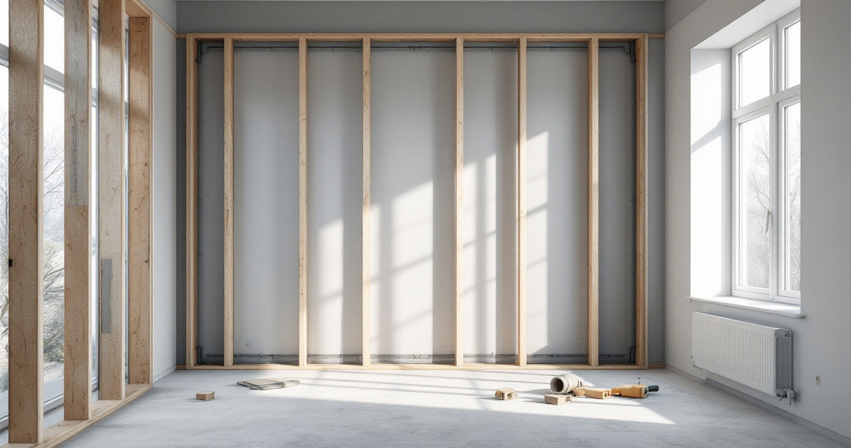 Leerer Raum mit Sonnenlicht an der Wand und sichtbaren Holzbalkenrahmen als Ständerwand Montage vor der weißen Wand.