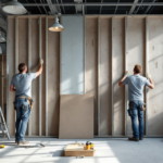 Zwei Handwerker bei der Ständerwand Montage in einem hellen Raum, die Metallprofile für eine Trockenbauwand anbringen, umgeben von Werkzeugen und Baumaterialien, mit großen Fenstern im Hintergrund.