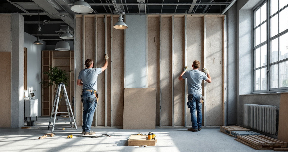 Zwei Handwerker bei der Ständerwand Montage in einem hellen Raum, die Metallprofile für eine Trockenbauwand anbringen, umgeben von Werkzeugen und Baumaterialien, mit großen Fenstern im Hintergrund.
