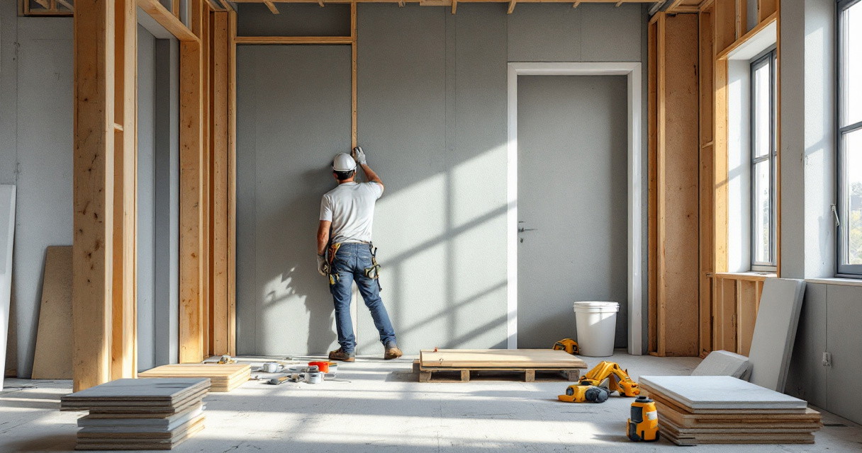 Ein Handwerker trägt bei der Ständerwand Montage Schutzhelm und Arbeitshandschuhe und arbeitet an einer grauen Wandplatte in einem Raum mit Holzständern und großen Fenstern, während verschiedene Werkzeuge und Baumaterialien um ihn herum auf dem Boden verteilt sind.