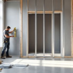 Handwerker misst mit einer Wasserwaage eine Wand beim Bau eines Innenraums mit sichtbaren Holz- und Metallständern während der Ständerwand Montage in einem hellen Raum mit großen Fenstern.
