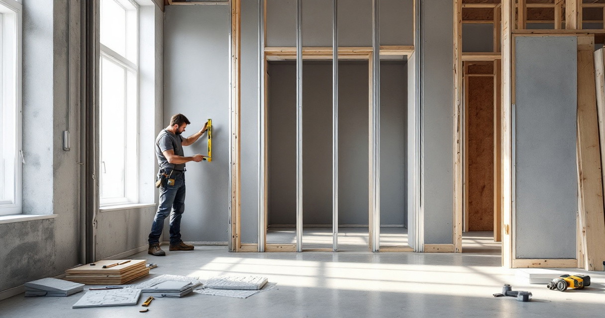 Handwerker misst mit einer Wasserwaage eine Wand beim Bau eines Innenraums mit sichtbaren Holz- und Metallständern während der Ständerwand Montage in einem hellen Raum mit großen Fenstern.