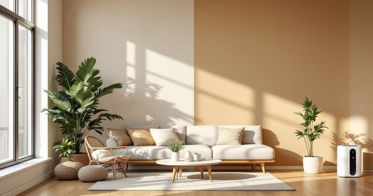 Helles Wohnzimmer mit einer großen Sofaecke vor zwei unterschiedlich colorierten Wänden, die durch stilvolle Tapeten oder Farbe in beige- und sandtönen gestaltet sind, begleitet von grünen Pflanzen und natürlichem Licht.