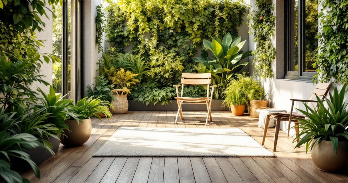 Hell gestalteter Balkon mit Holzboden, vielen grünen Pflanzen und gemütlichen Stühlen, der einladend wirkt für eine entspannte Zeit im Freien, ideal um Terrassen Balkone erneuern zu lassen.