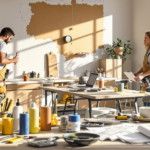 Ein Paar führt eine stressfreie Renovierung in einem modernen, lichtdurchfluteten Wohnzimmer mit Werkzeugen und Farbdosen durch.
