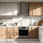 Helle und großzügige Traumküche Moderne A bis Z mit einer Kombination aus weißen und holzfarbenen Küchenschränken, Marmor-Arbeitsplatten und einer großen Fensterfront, die viel Tageslicht hereinlässt.