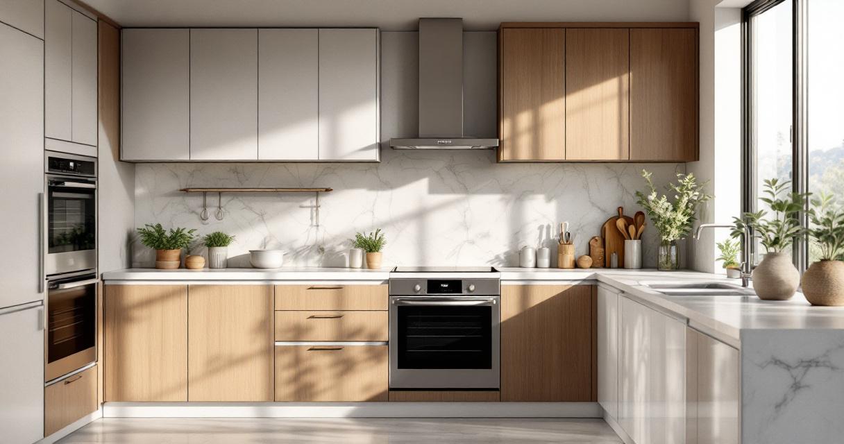Helle und großzügige Traumküche Moderne A bis Z mit einer Kombination aus weißen und holzfarbenen Küchenschränken, Marmor-Arbeitsplatten und einer großen Fensterfront, die viel Tageslicht hereinlässt.