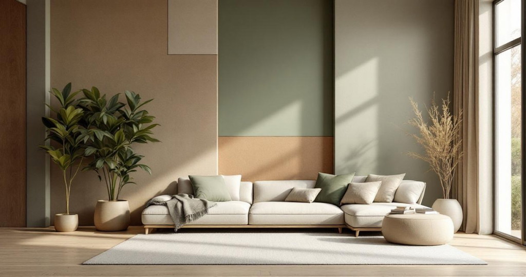 Modernes Wohnzimmer mit großem beige sofa, grünen und beigen Kissen, großen Pflanzen in Töpfen und einer Wand, die in verschiedenen Naturtönen und geometrischen Formen gestaltet ist, repräsentiert Trends bei Wandgestaltung.