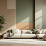Modernes Wohnzimmer mit großem beige sofa, grünen und beigen Kissen, großen Pflanzen in Töpfen und einer Wand, die in verschiedenen Naturtönen und geometrischen Formen gestaltet ist, repräsentiert Trends bei Wandgestaltung.