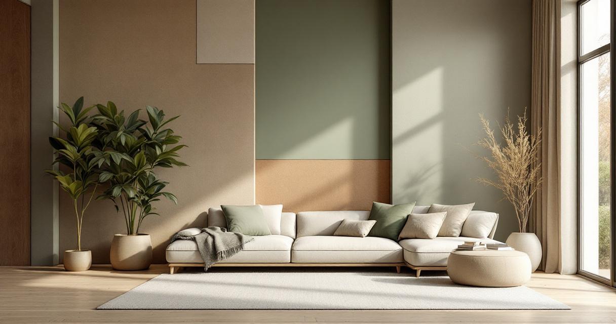 Modernes Wohnzimmer mit großem beige sofa, grünen und beigen Kissen, großen Pflanzen in Töpfen und einer Wand, die in verschiedenen Naturtönen und geometrischen Formen gestaltet ist, repräsentiert Trends bei Wandgestaltung.