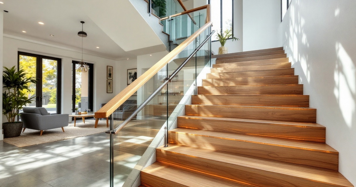 Helles und großzügiges Wohnambiente mit eleganter Treppenrenovierung moderne Designs aus Holzstufen und Glasgeländer, die nahtlos in das moderne Interieur übergehen.