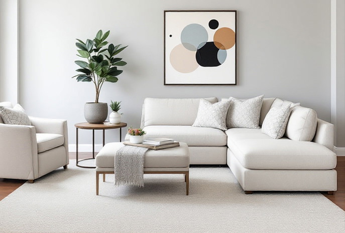 Modernes Wohnzimmer mit beigem Sofa, Pflanzen und abstraktem Kunstwerk an der Wand.