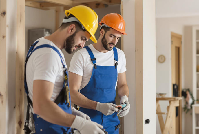 Zwei Handwerker in blauen Overalls und Schutzhelmen arbeiten an einer Renovierung.